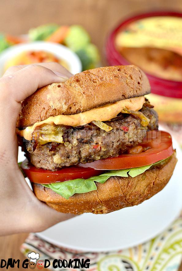 Roasted Red Pepper Hummus Burgers with Caramelized Onions and Smokey Mayo | iowagirleats.com