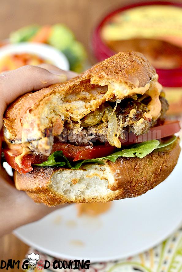 Roasted Red Pepper Hummus Burgers with Caramelized Onions and Smokey Mayo | iowagirleats.com